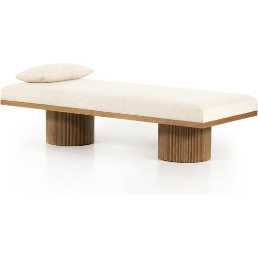 Jakobi Chaise by Four Hands in thames cream, honey parawood. Made from 66% polyester, 19% acrylic, 15% flax, linen, rubberwood veneer, engineered hardwood in a modern style.