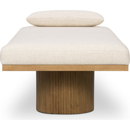 Jakobi Chaise by Four Hands in thames cream, honey parawood. Made from 66% polyester, 19% acrylic, 15% flax, linen, rubberwood veneer, engineered hardwood in a modern style.