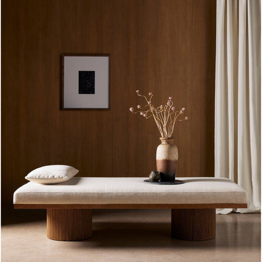 Jakobi Chaise by Four Hands in thames cream, honey parawood. Made from 66% polyester, 19% acrylic, 15% flax, linen, rubberwood veneer, engineered hardwood in a modern style.