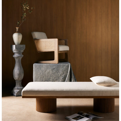 Jakobi Chaise by Four Hands in thames cream, honey parawood. Made from 66% polyester, 19% acrylic, 15% flax, linen, rubberwood veneer, engineered hardwood in a modern style.