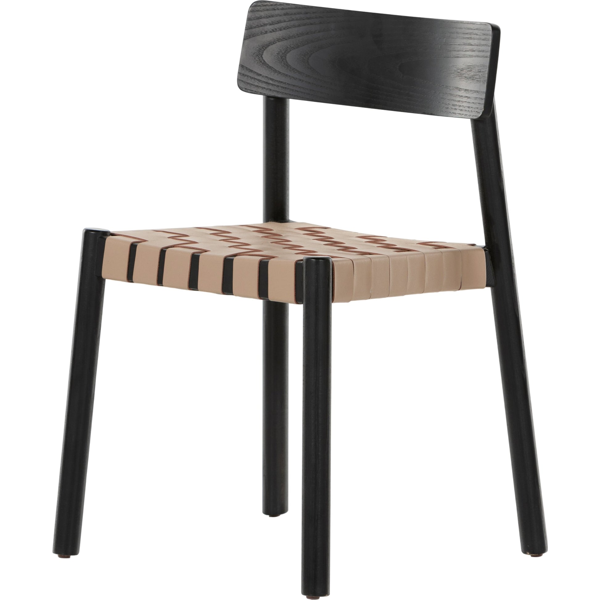 Heisler Dining Chair by Four Hands in almond leather blend, black, black veneer. Made from 70% split leather, 30% polyvinyl chloride (pvc), solid ash, ash veneer in a modern style.