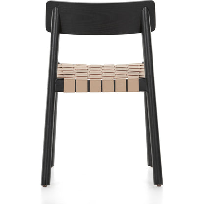 Heisler Dining Chair by Four Hands in almond leather and black. Made from solid ash, 70% split leather, 30% polyvinyl chloride (pvc), ash veneer in a modern style.