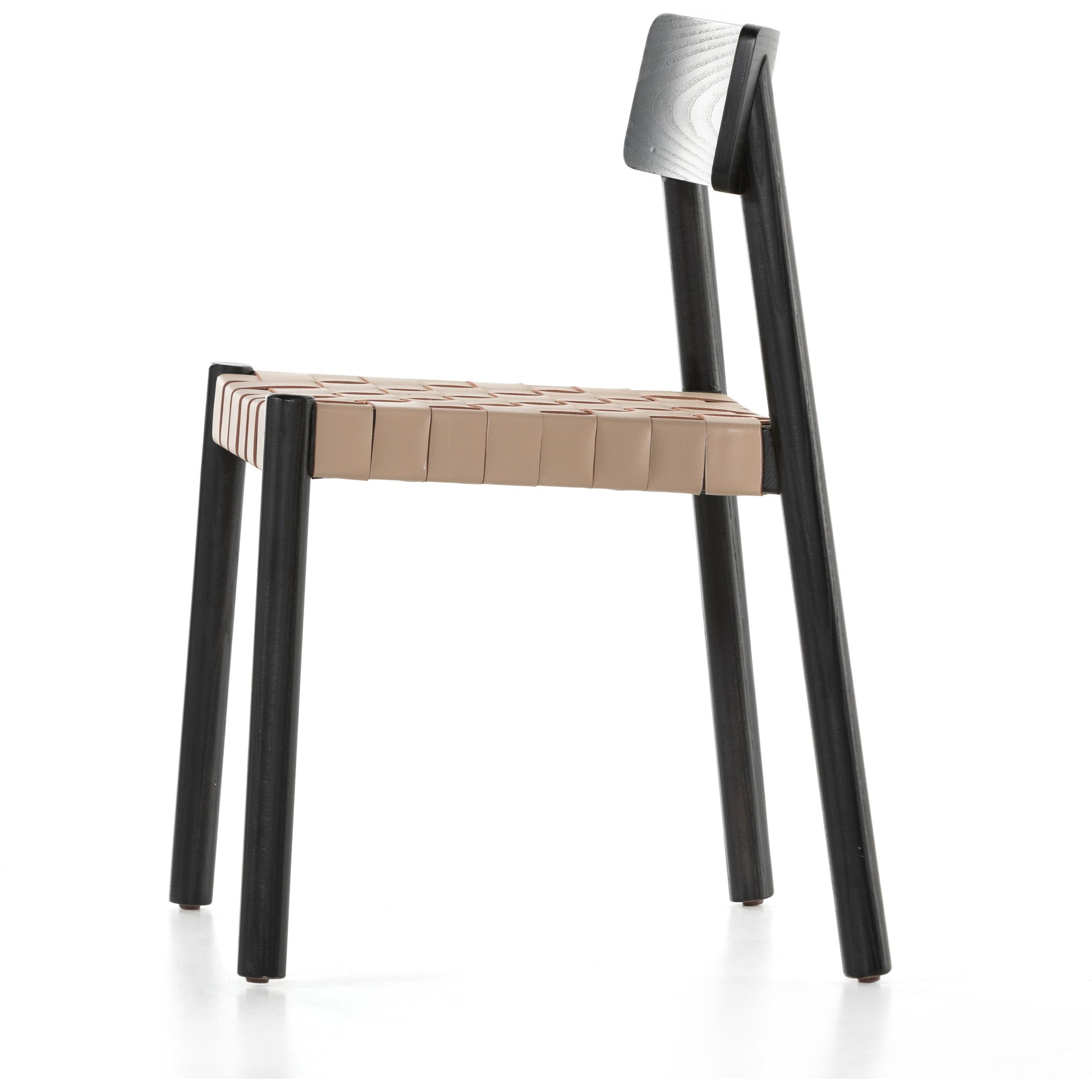 Heisler Dining Chair by Four Hands in almond leather and black. Made from solid ash, 70% split leather, 30% polyvinyl chloride (pvc), ash veneer in a modern style.