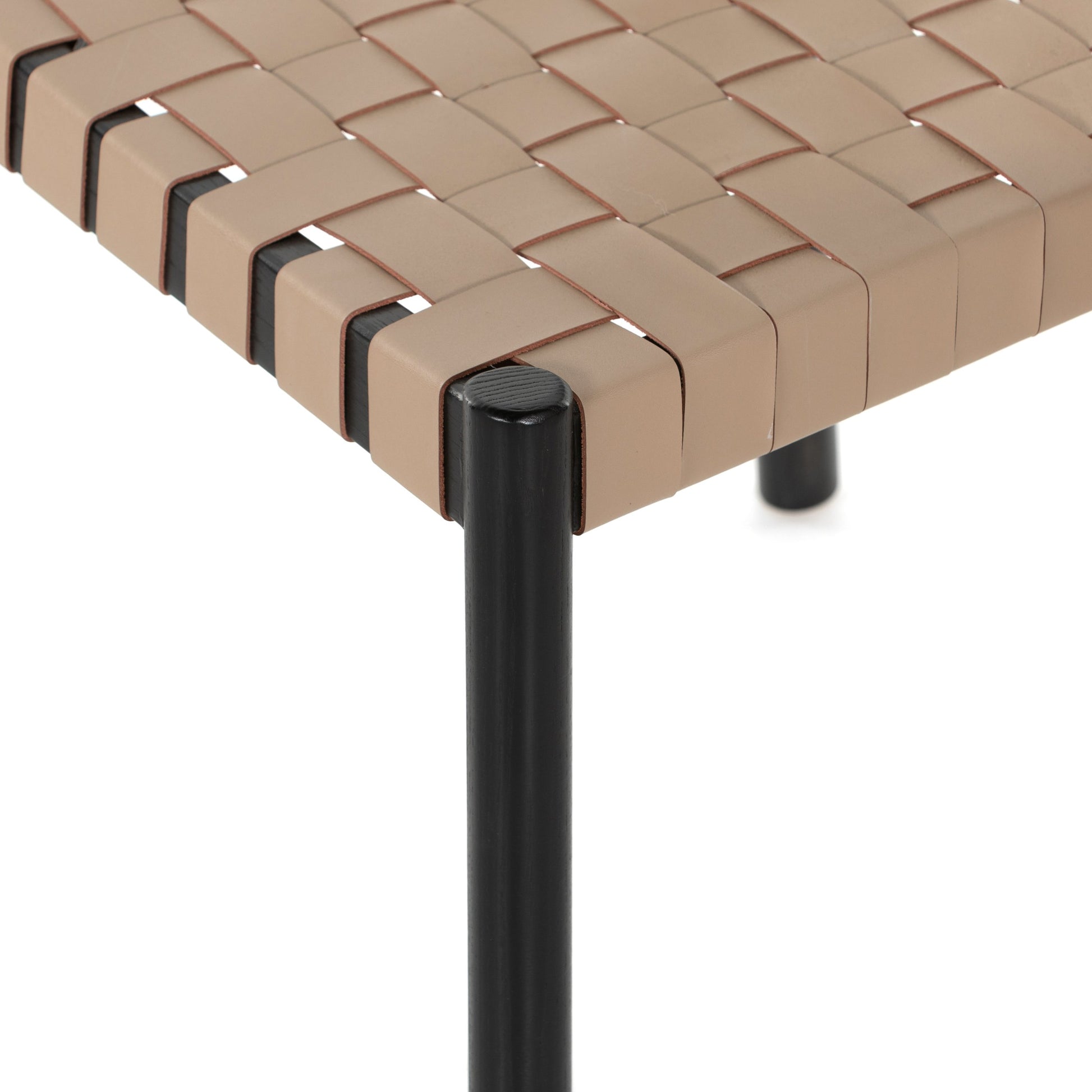 Heisler Dining Chair by Four Hands in almond leather and black. Made from solid ash, 70% split leather, 30% polyvinyl chloride (pvc), ash veneer in a modern style.