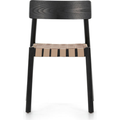 Heisler Dining Chair by Four Hands in almond leather and black. Made from solid ash, 70% split leather, 30% polyvinyl chloride (pvc), ash veneer in a modern style.