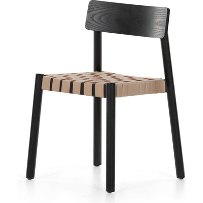 Heisler Dining Chair by Four Hands in almond leather and black. Made from solid ash, 70% split leather, 30% polyvinyl chloride (pvc), ash veneer in a modern style.