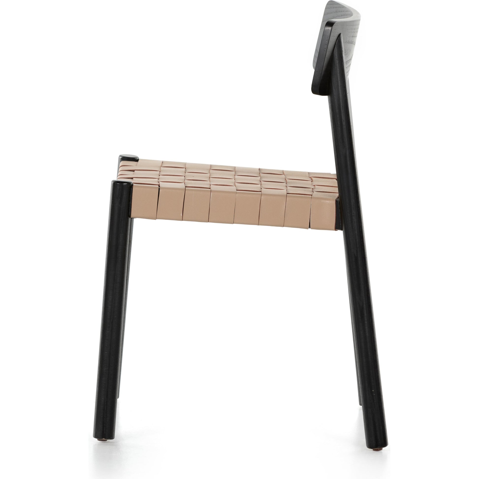 Heisler Dining Chair by Four Hands in almond leather and black. Made from solid ash, 70% split leather, 30% polyvinyl chloride (pvc), ash veneer in a modern style.