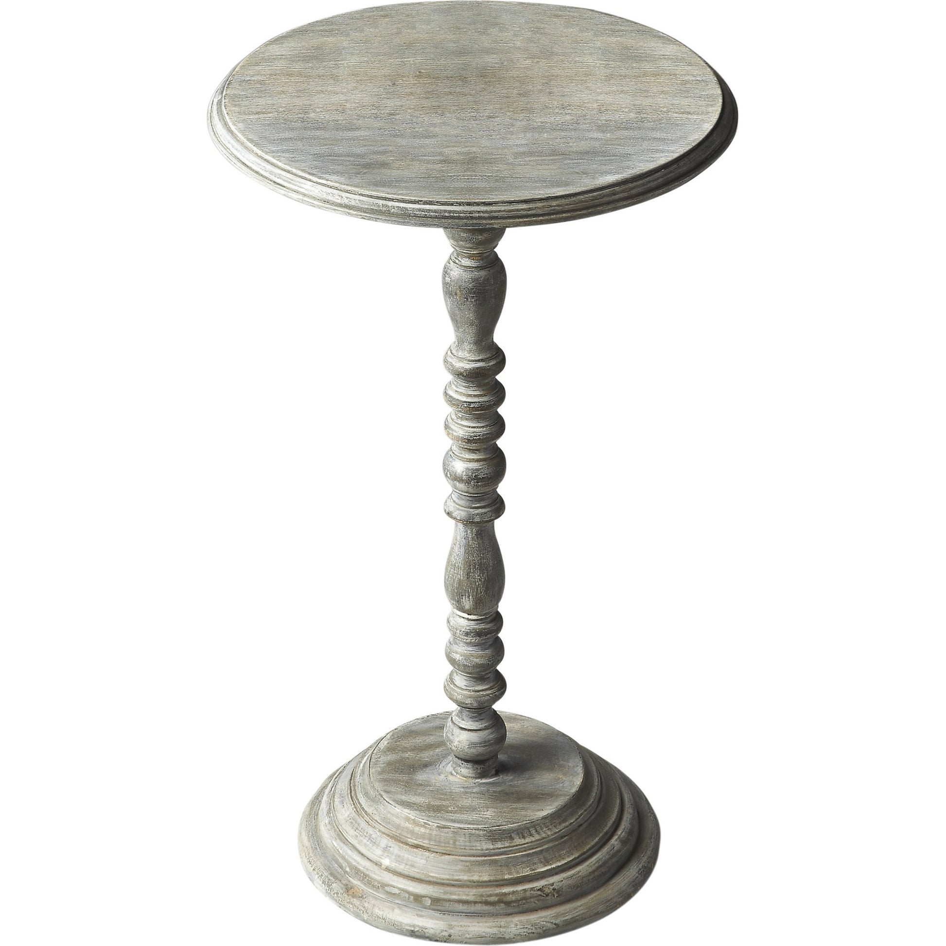 Pedestal Accent Table by Butler Specialty Company in gray and artifacts. Made from mango wood solids in a cottage & farmhouse style.