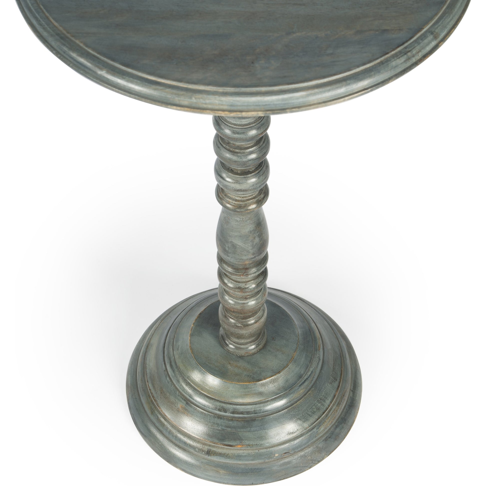 Pedestal Accent Table by Butler Specialty Company in gray and artifacts. Made from mango wood solids in a cottage & farmhouse style.
