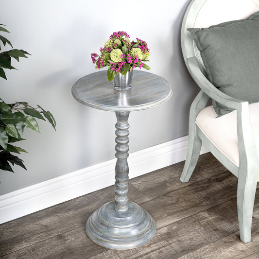 Pedestal Accent Table by Butler Specialty Company in gray and artifacts. Made from mango wood solids in a cottage & farmhouse style.