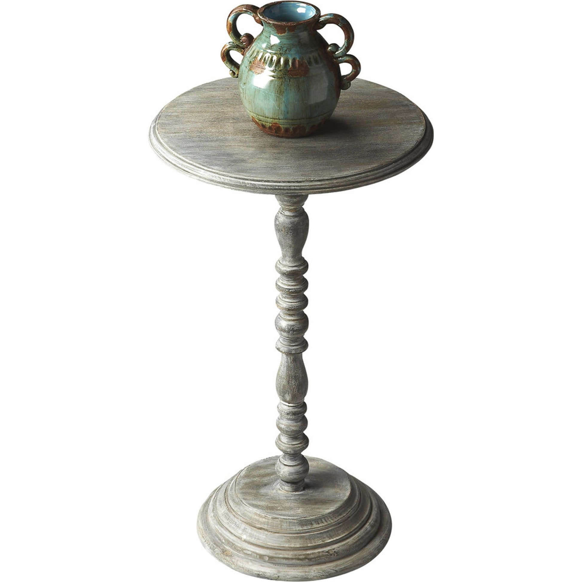Pedestal Accent Table by Butler Specialty Company in gray and artifacts. Made from mango wood solids in a cottage & farmhouse style.