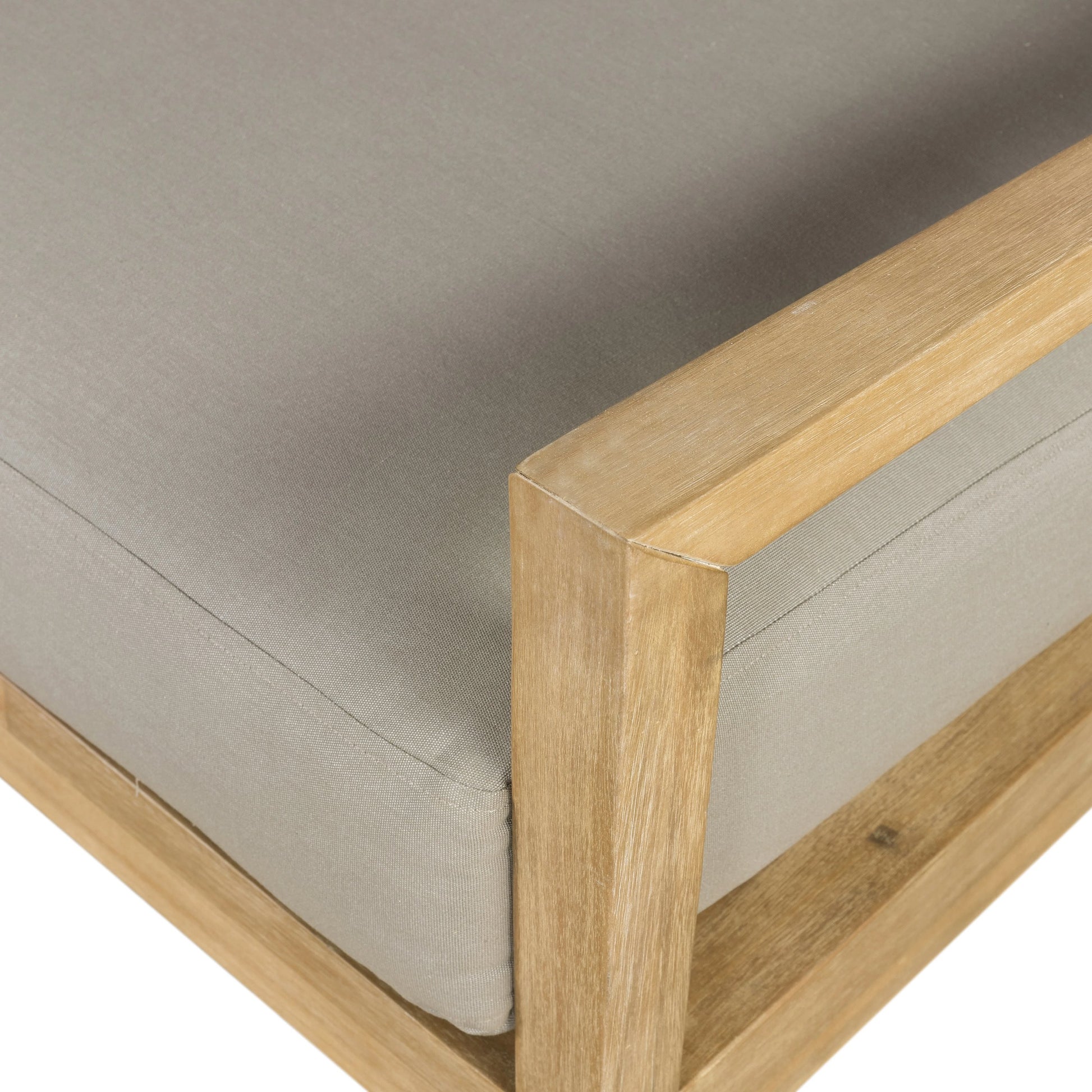 Amaya Outdoor Sofa by Four Hands in royal taupe and natural acacia. Made from solid fsc®-certified acacia, 100% polyester in a modern style.