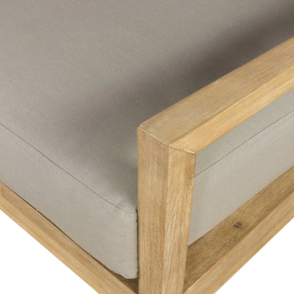 Amaya Outdoor Sofa by Four Hands in royal taupe and natural acacia. Made from solid fsc®-certified acacia, 100% polyester in a modern style.