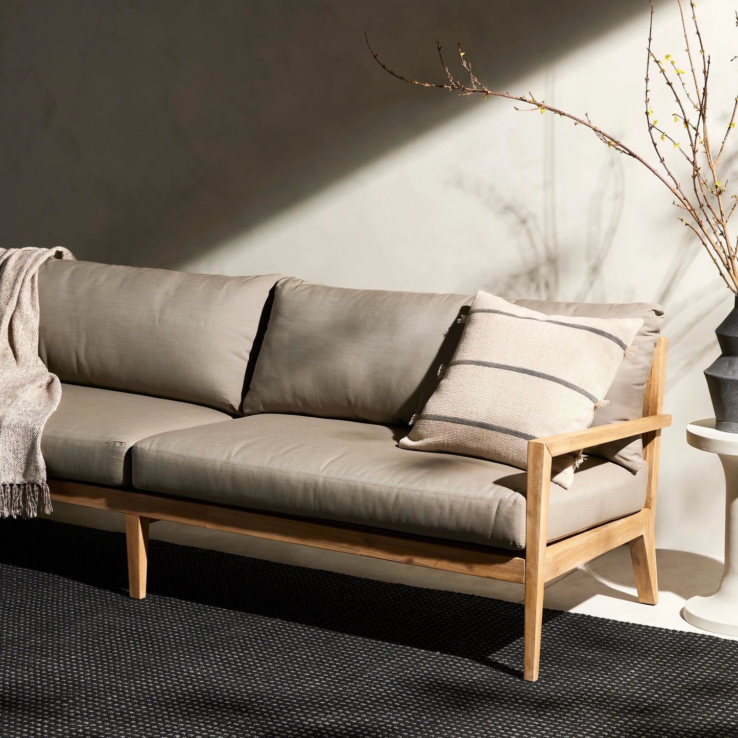 011 SI-1977013 | Lifestyle | Amaya Outdoor Sofa by Four Hands in royal taupe and natural acacia. Made from solid fsc®-certified acacia, 100% polyester in a modern style.