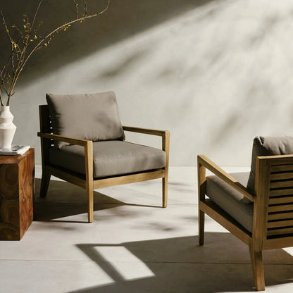 Amaya Outdoor Chair by Four Hands in royal taupe and natural acacia. Made from 100% polyester, solid fsc®-certified acacia in a modern style.