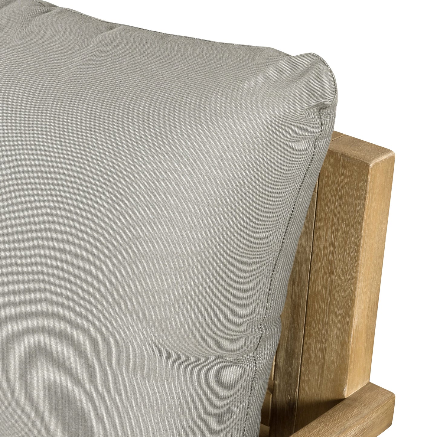 007 SI-1977010 | Closeup | Amaya Outdoor Chair by Four Hands in royal taupe and natural acacia. Made from 100% polyester, solid fsc®-certified acacia in a modern style.