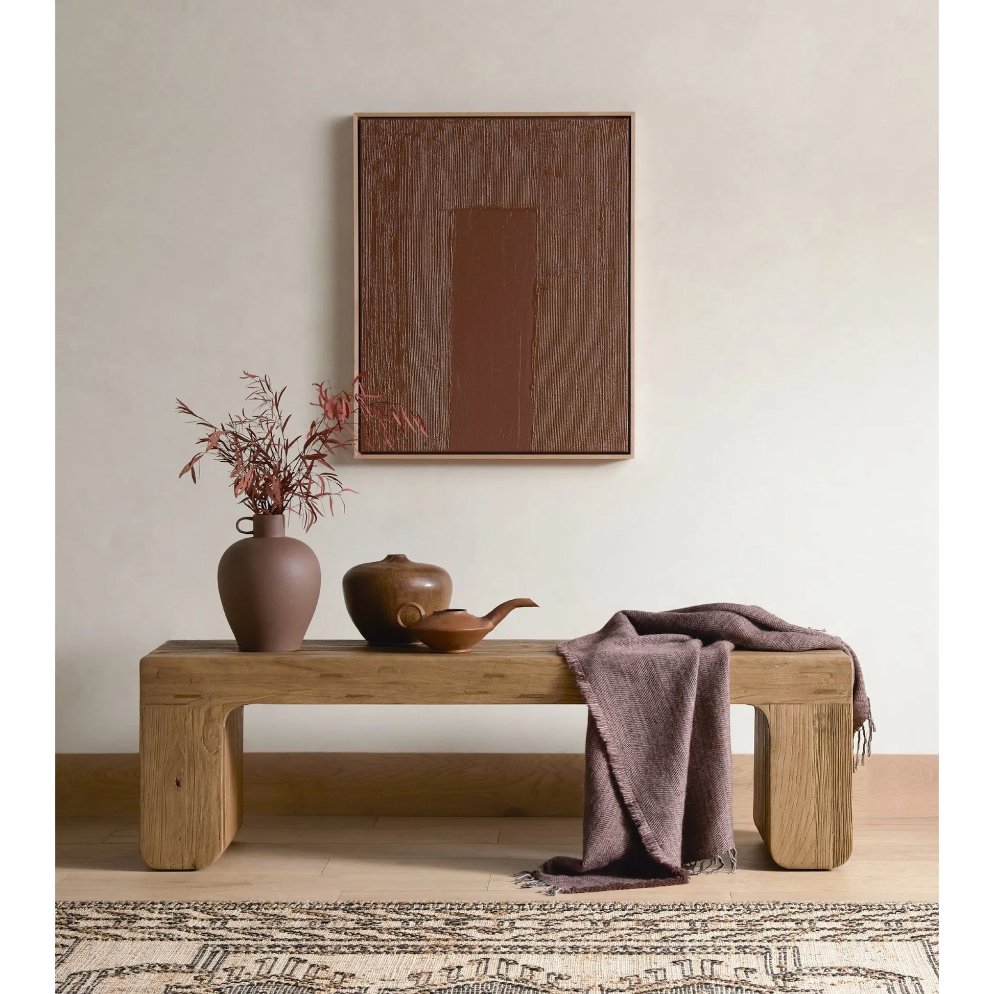 Merrick Accent Bench by Four Hands in natural elm. Made from solid reclaimed elm, poplar plywood in a modern style.