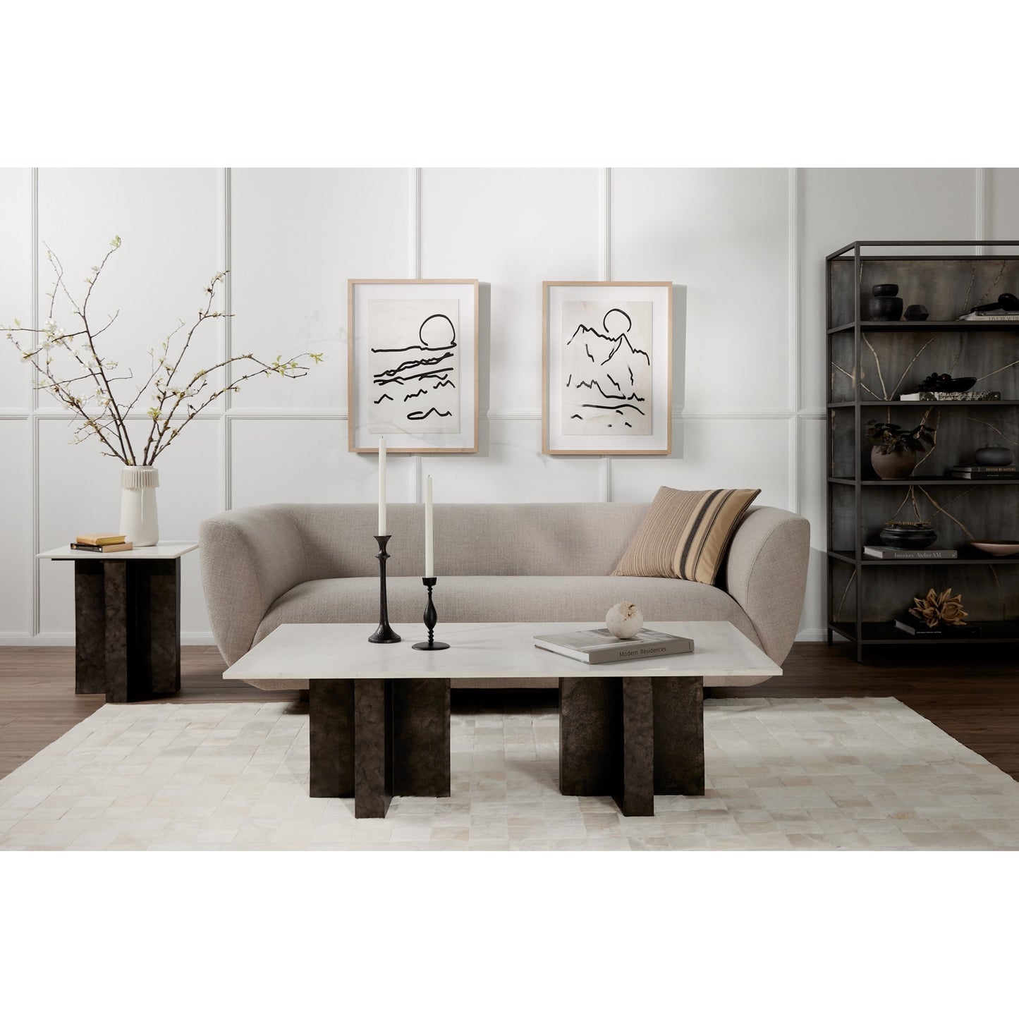 010 SI-1798409 | Lifestyle | Terrell Coffee Table by Four Hands in raw black, white marble. Made from solid marble, aluminum in a modern style.