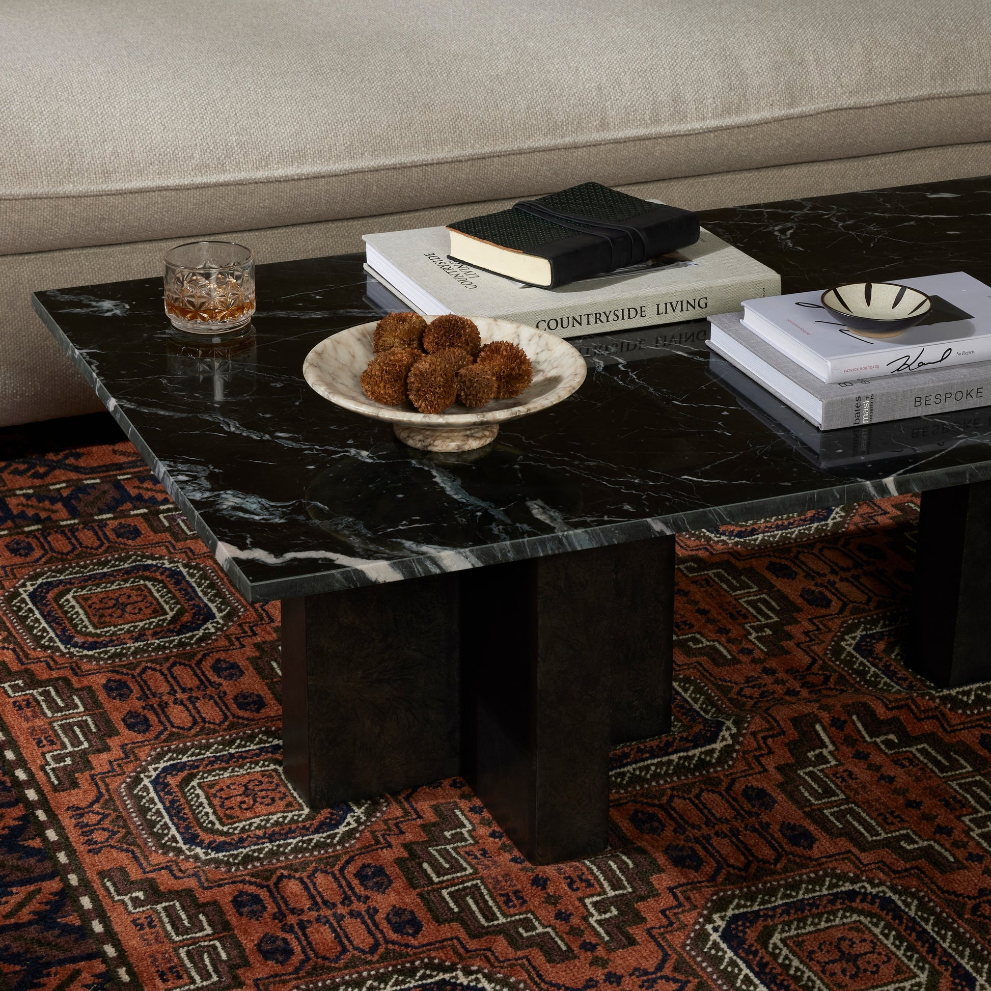Terrell Coffee Table by Four Hands in raw black, white marble. Made from solid marble, aluminum in a modern style.