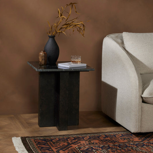 Terrell End Table by Four Hands in raw black, black marble. Made from solid marble, aluminum in a modern style.