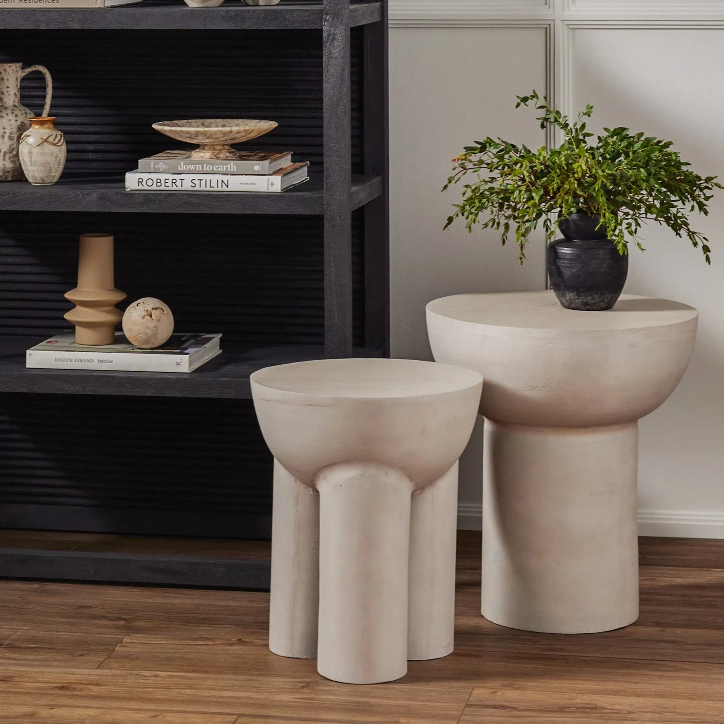 012 SI-1797747 | Lifestyle | Searcy End Table by Four Hands in matte white. Made from aluminum, engineered hardwood in a modern style.