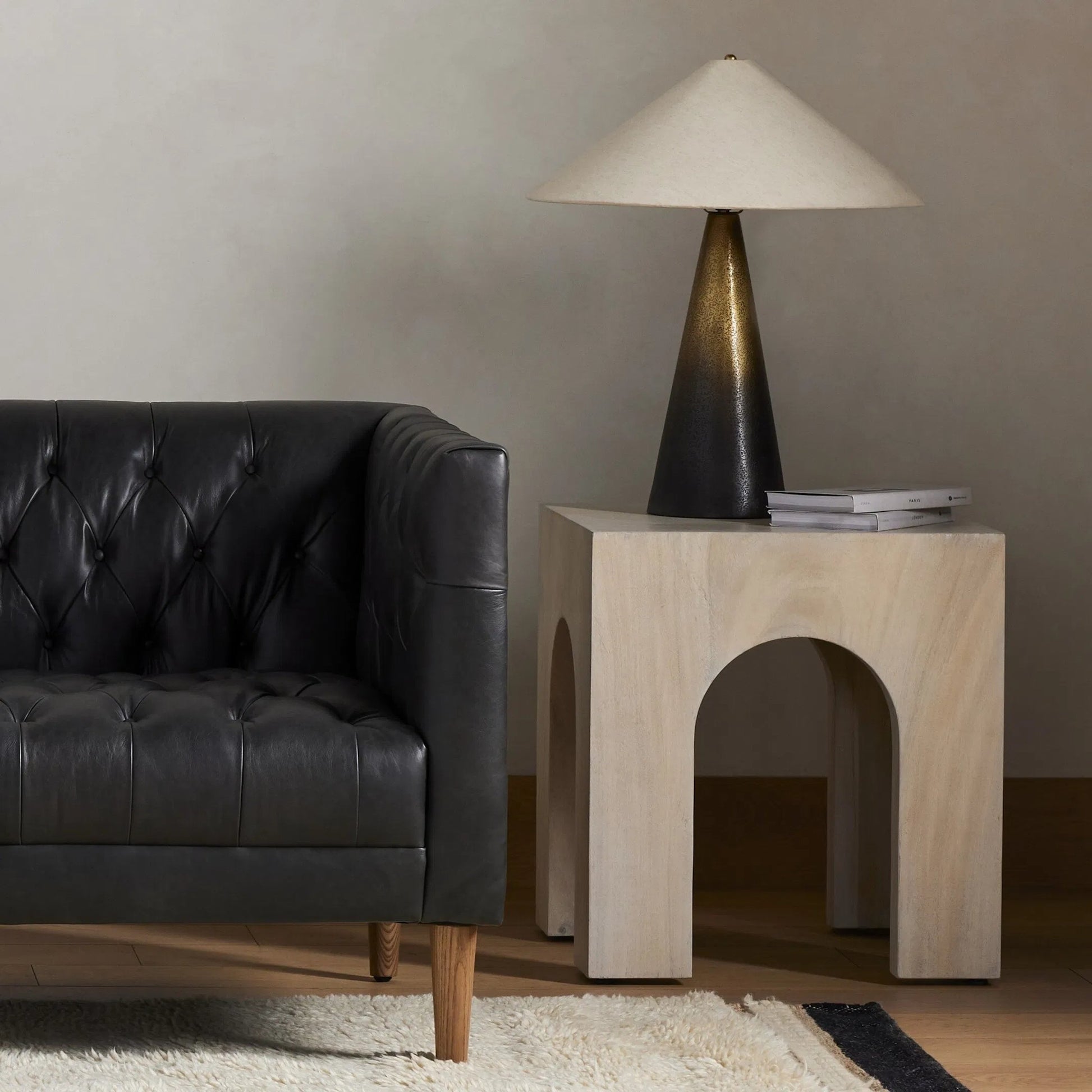 Fausto End Table by Four Hands in bleached guanacaste. Made from thick guanacaste veneer in a modern style.