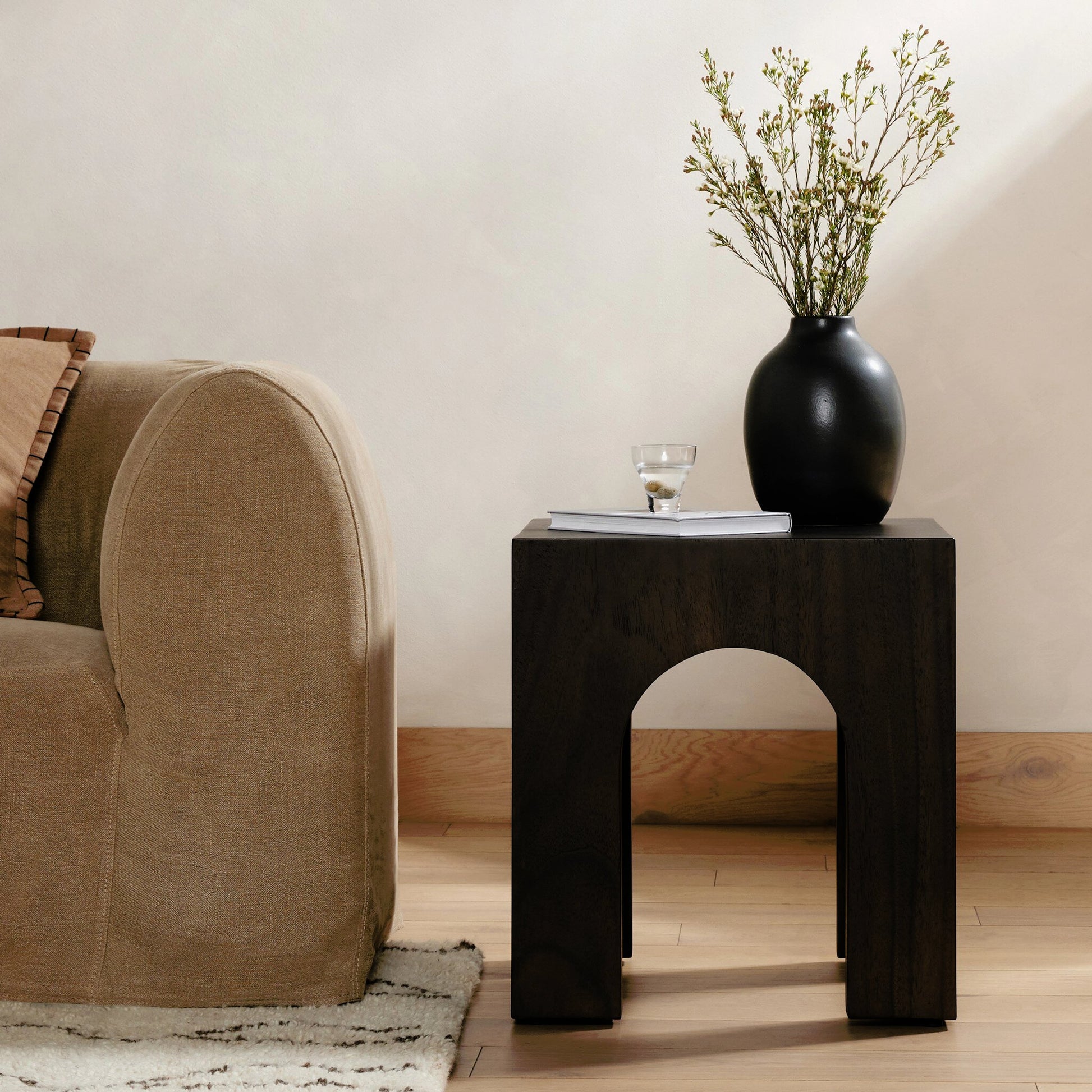 Fausto End Table by Four Hands in bleached guanacaste. Made from thick guanacaste veneer in a modern style.