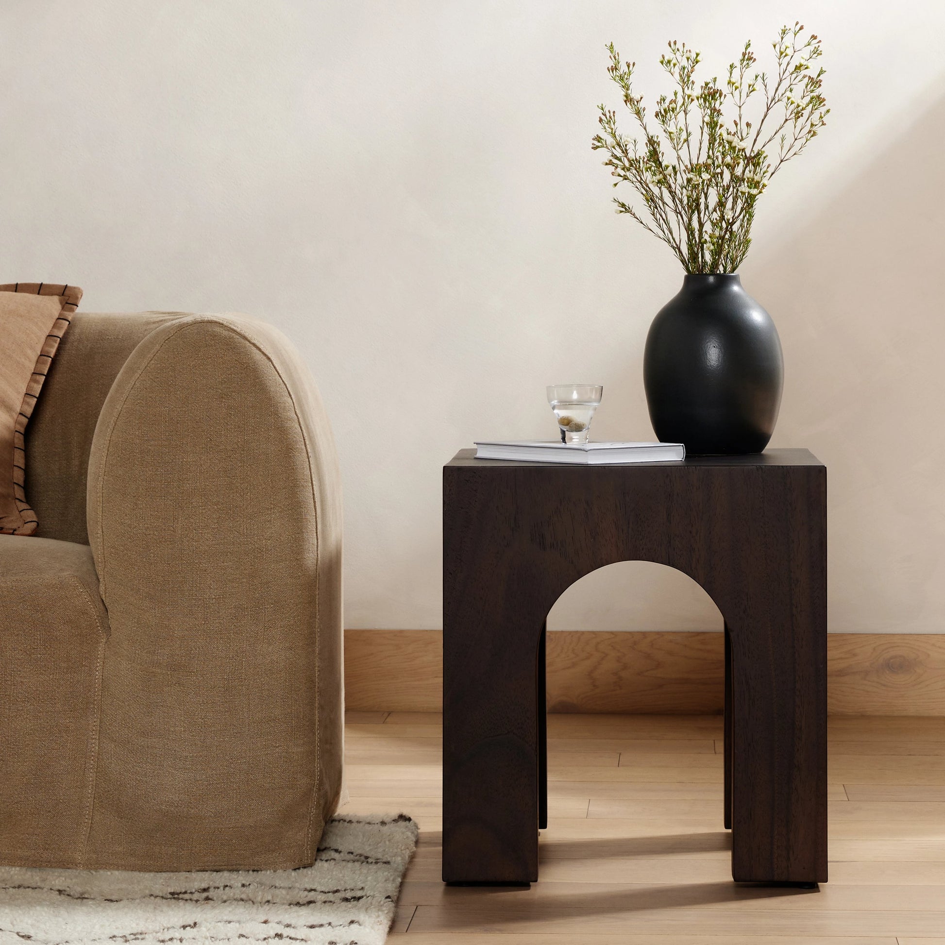 Fausto End Table by Four Hands in bleached guanacaste. Made from thick guanacaste veneer in a modern style.