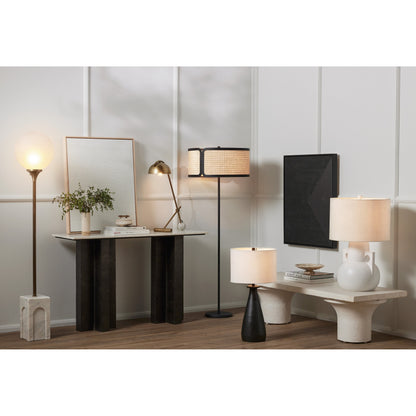 Innes Table Lamp by Four Hands in matte black. Made from aluminum, 60% polyester, 40% viscose (rayon) in a modern style.