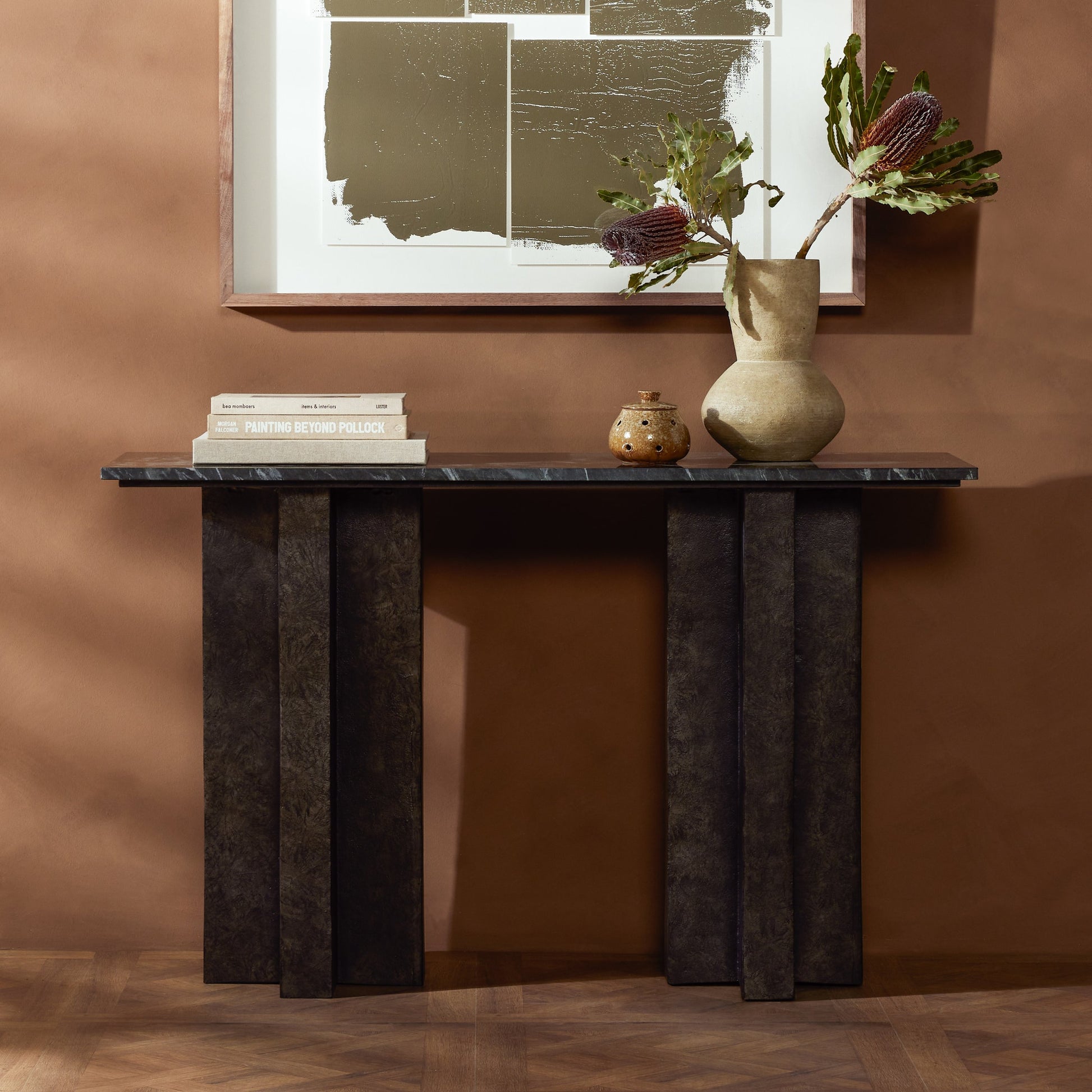 Terrell Console Table by Four Hands. Made from solid marble, aluminum in a modern style.