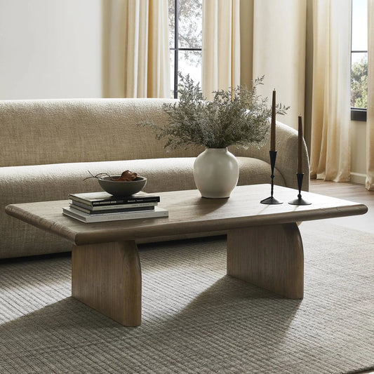 Sorrento Coffee Table by Four Hands in aged drift mindi. Made from mindi solid in a modern style.