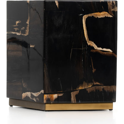 Shep End Table by Four Hands in dark petrified wood, matte brass. Made from petrified wood, stainless steel in a modern style.
