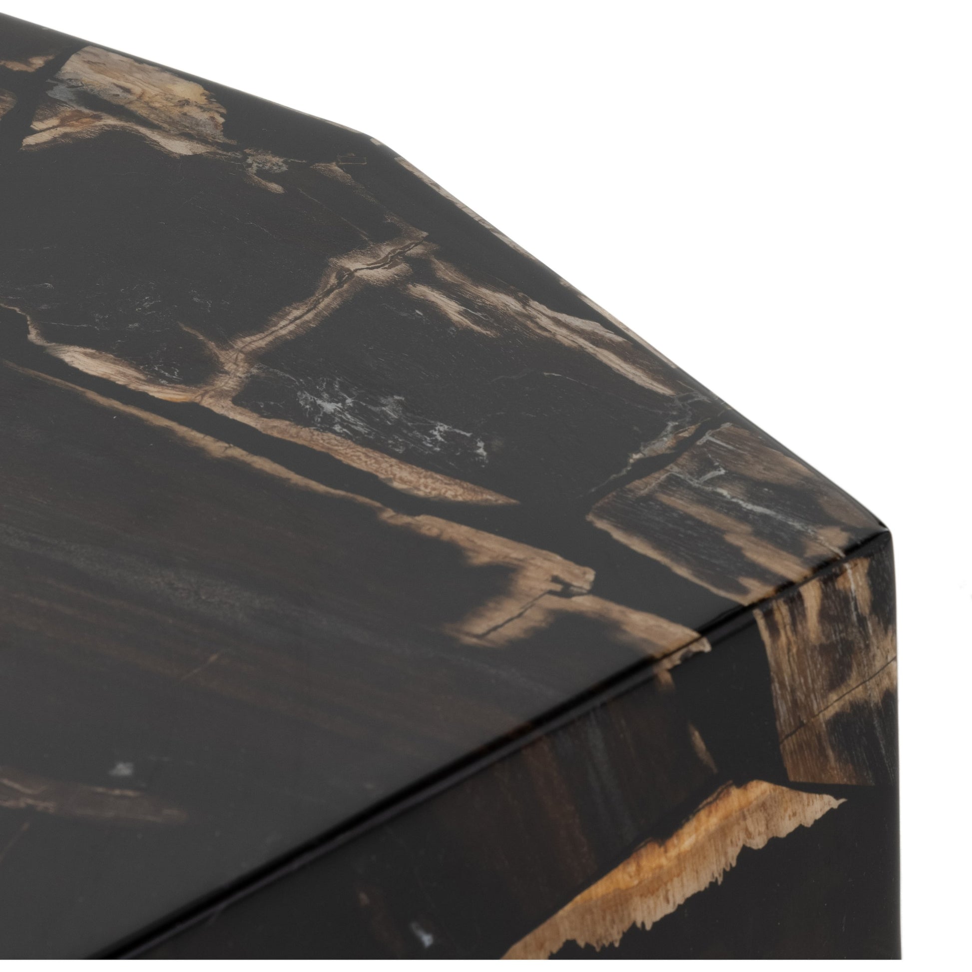 Shep End Table by Four Hands in dark petrified wood, matte brass. Made from petrified wood, stainless steel in a modern style.