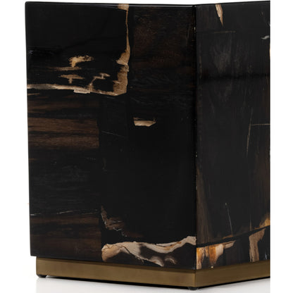 Shep End Table by Four Hands in dark petrified wood, matte brass. Made from petrified wood, stainless steel in a modern style.