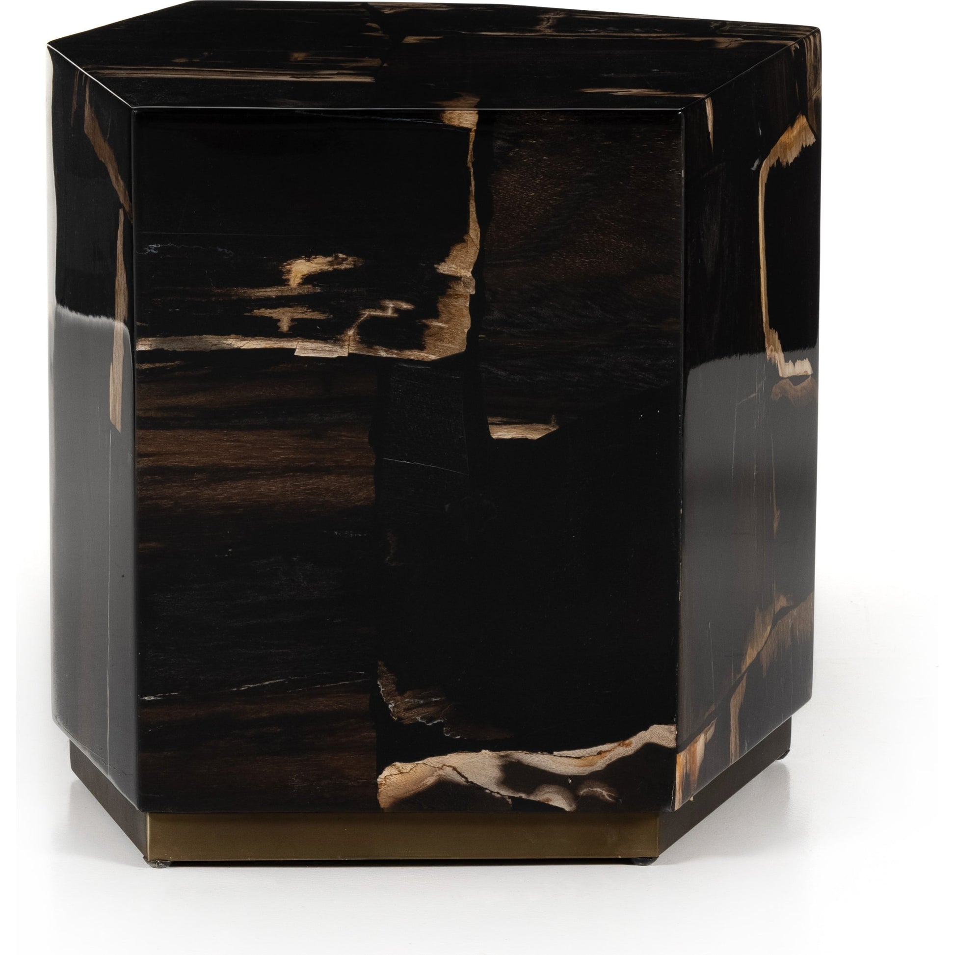 Shep End Table by Four Hands in dark petrified wood, matte brass. Made from petrified wood, stainless steel in a modern style.