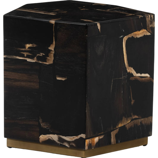 Shep End Table by Four Hands in dark petrified wood, matte brass. Made from petrified wood, stainless steel in a modern style.