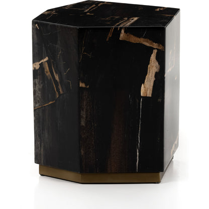 Shep End Table by Four Hands in dark petrified wood, matte brass. Made from petrified wood, stainless steel in a modern style.