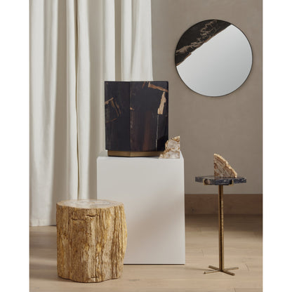 Shep End Table by Four Hands in dark petrified wood, matte brass. Made from petrified wood, stainless steel in a modern style.