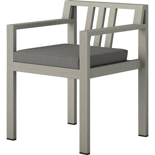 Monterey Outdoor Dining Armchair, Weathered Grey by Four Hands in weathered grey. Made from 100% olefin, solid fsc®-certified teak, 91% polyurethane foam pad, 9% polyester fiber batting in a modern style.