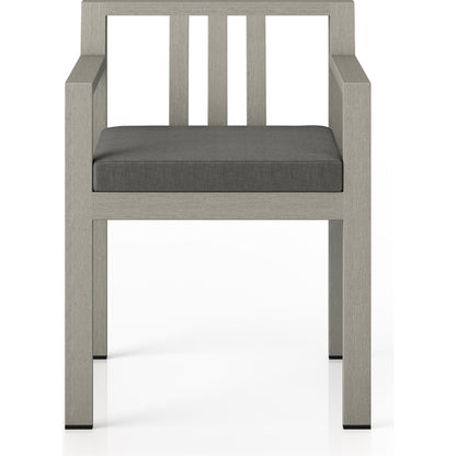 Monterey Outdoor Dining Armchair, Weathered Grey by Four Hands in weathered grey. Made from 100% olefin, solid fsc®-certified teak, 91% polyurethane foam pad, 9% polyester fiber batting in a modern style.