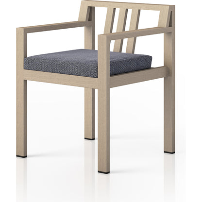 Monterey Outdoor Dining Armchair, Washed Brown by Four Hands in washed brown. Made from 100% olefin, solid fsc®-certified teak, 91% polyurethane foam pad, 9% polyester fiber batting in a modern style.