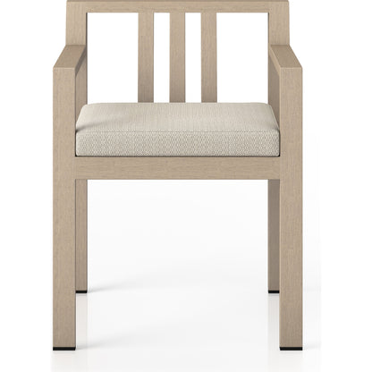 Monterey Outdoor Dining Armchair, Washed Brown by Four Hands in washed brown. Made from 100% olefin, solid fsc®-certified teak, 91% polyurethane foam pad, 9% polyester fiber batting in a modern style.