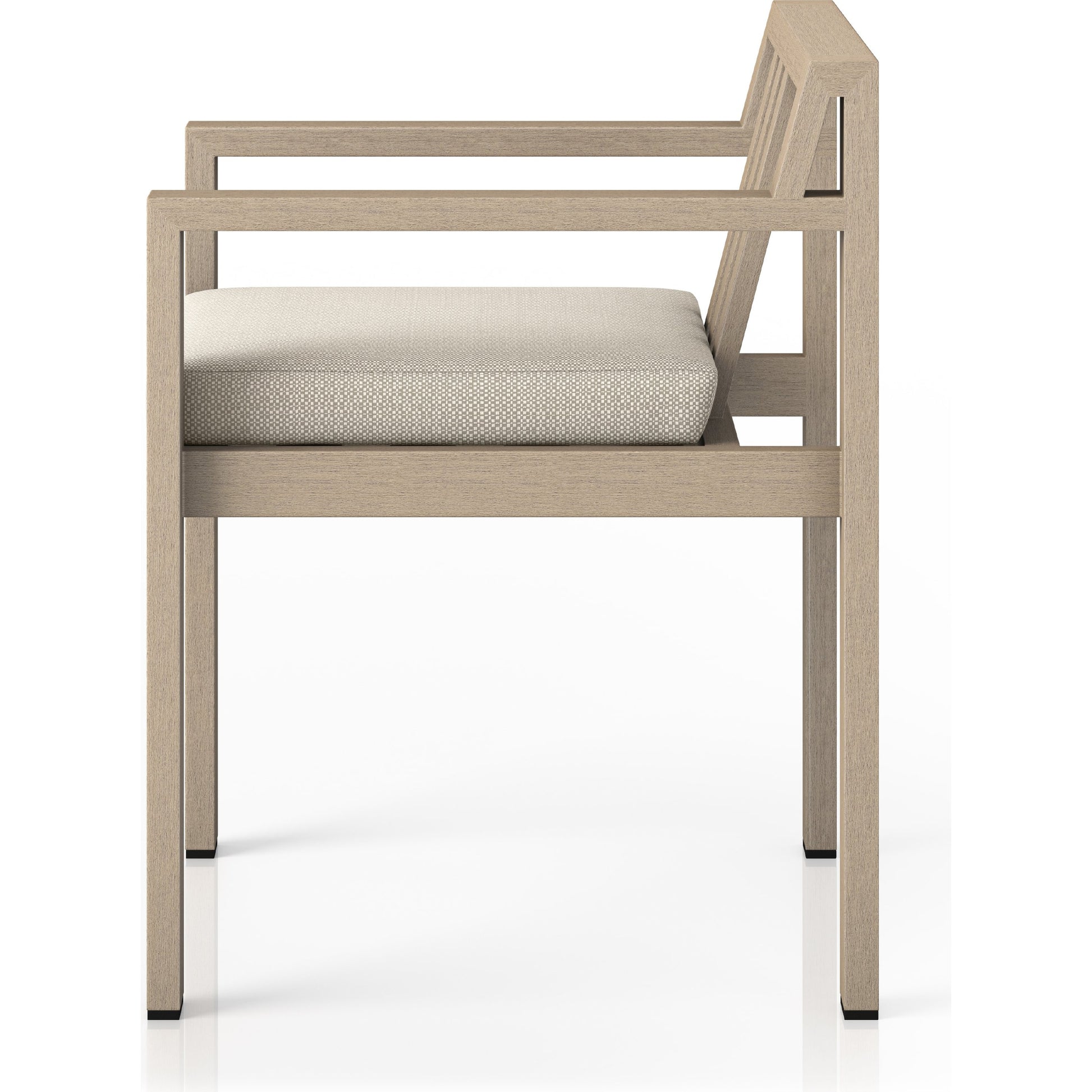 Monterey Outdoor Dining Armchair, Washed Brown by Four Hands in washed brown. Made from 100% olefin, solid fsc®-certified teak, 91% polyurethane foam pad, 9% polyester fiber batting in a modern style.