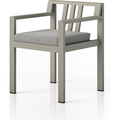 Monterey Outdoor Dining Armchair, Weathered Grey by Four Hands in weathered grey. Made from 100% olefin, solid fsc®-certified teak, 91% polyurethane foam pad, 9% polyester fiber batting in a modern style.