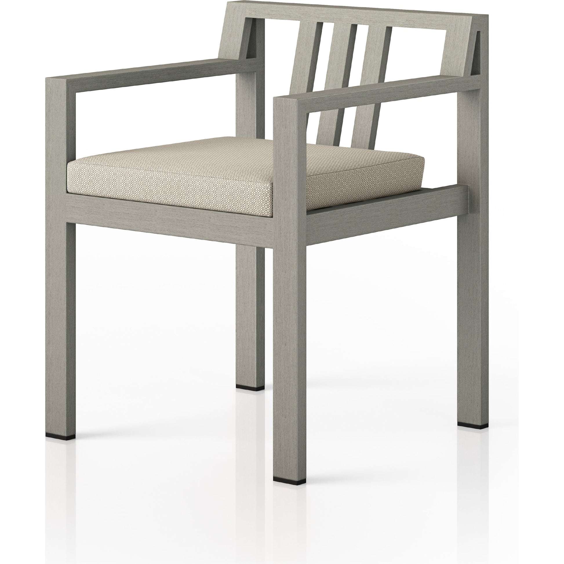 Monterey Outdoor Dining Armchair, Weathered Grey by Four Hands in weathered grey. Made from 100% olefin, solid fsc®-certified teak, 91% polyurethane foam pad, 9% polyester fiber batting in a modern style.