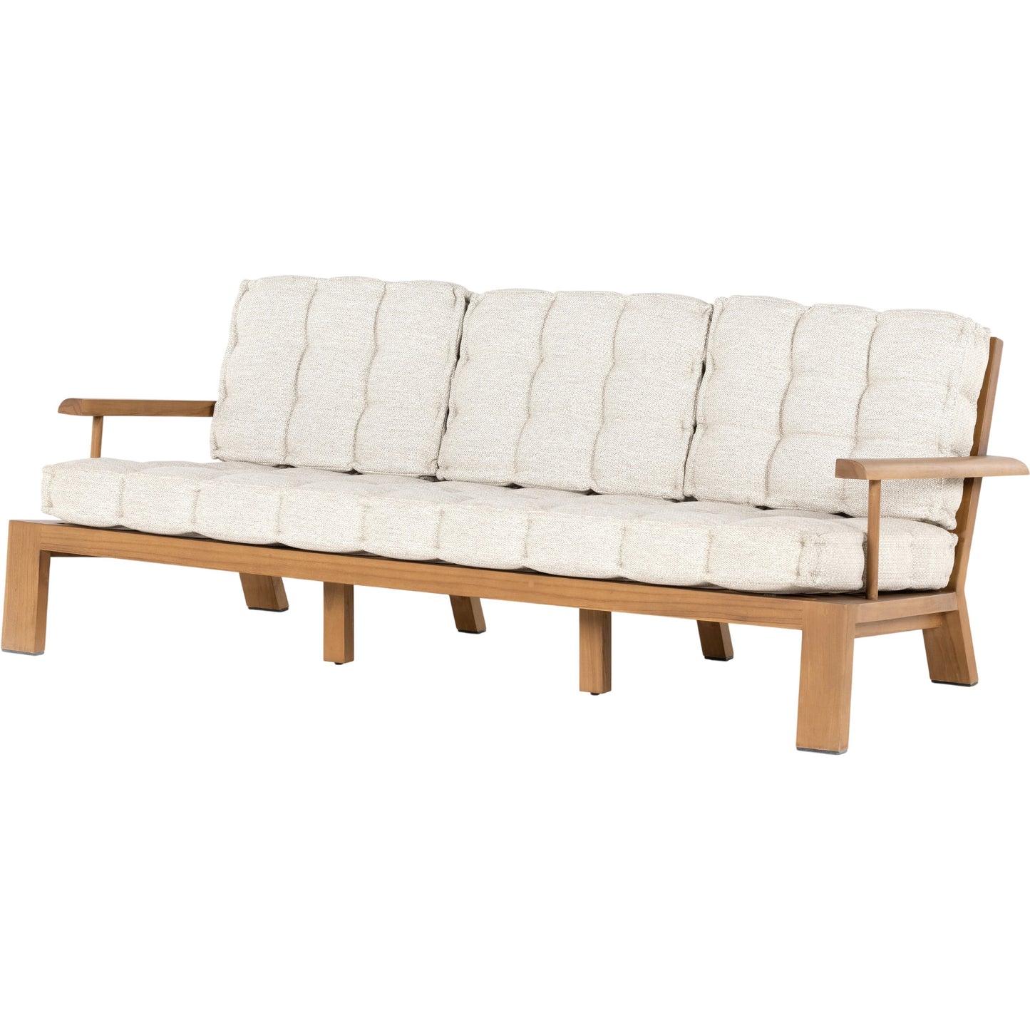 000 SI-1799392 | Primary Silo | Beck Outdoor Sofa by Four Hands in faye sand and natural teak. Made from 100% olefin, solid fsc®-certified teak, 91% polyurethane foam pad, 9% polyester fiber batting in a modern style.