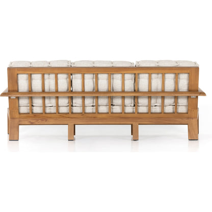 Beck Outdoor Sofa by Four Hands in faye sand and natural teak. Made from 100% olefin, solid fsc®-certified teak, 91% polyurethane foam pad, 9% polyester fiber batting in a modern style.