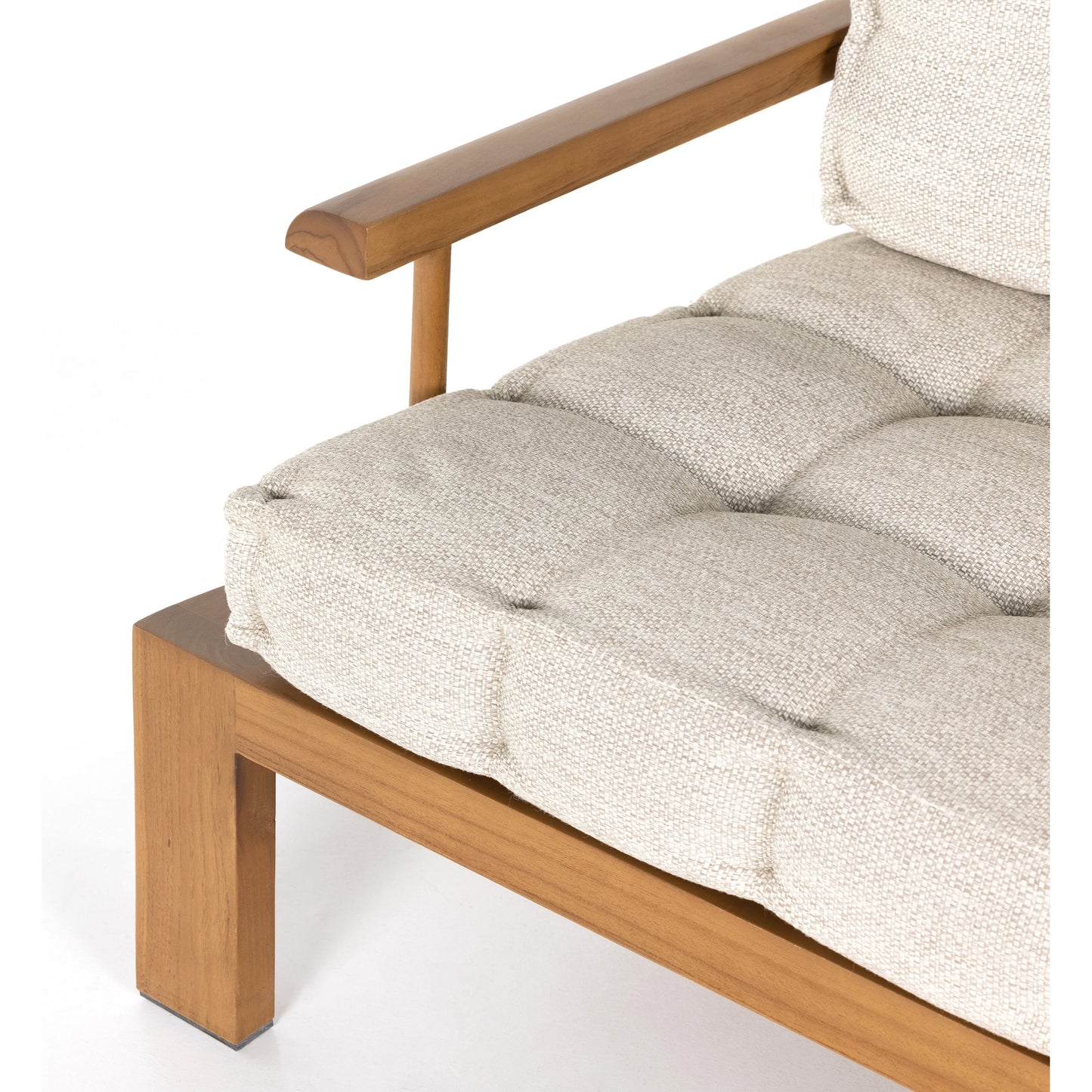 004 SI-1799392 | Closeup | Beck Outdoor Sofa by Four Hands in faye sand and natural teak. Made from 100% olefin, solid fsc®-certified teak, 91% polyurethane foam pad, 9% polyester fiber batting in a modern style.