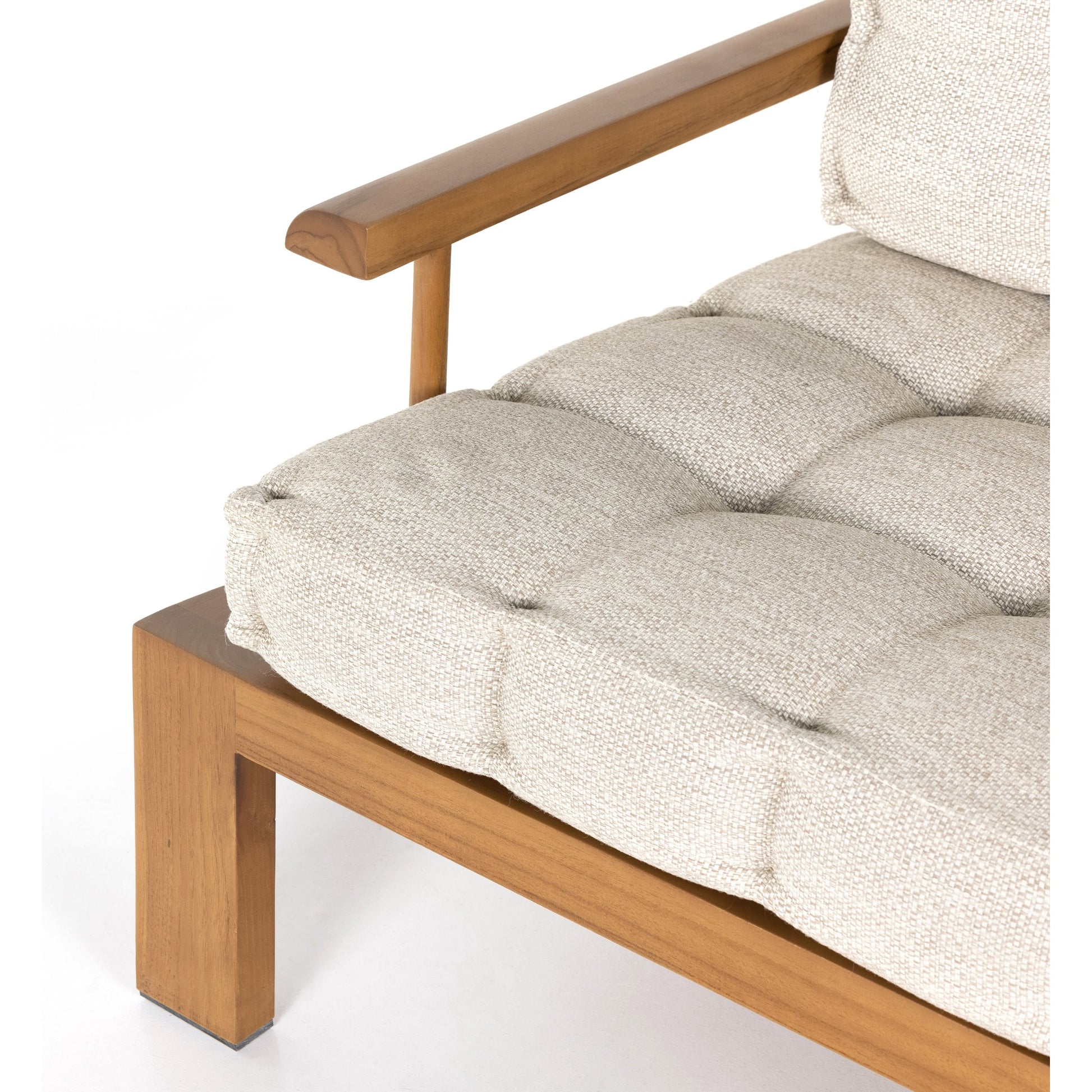 Beck Outdoor Sofa by Four Hands in faye sand and natural teak. Made from 100% olefin, solid fsc®-certified teak, 91% polyurethane foam pad, 9% polyester fiber batting in a modern style.