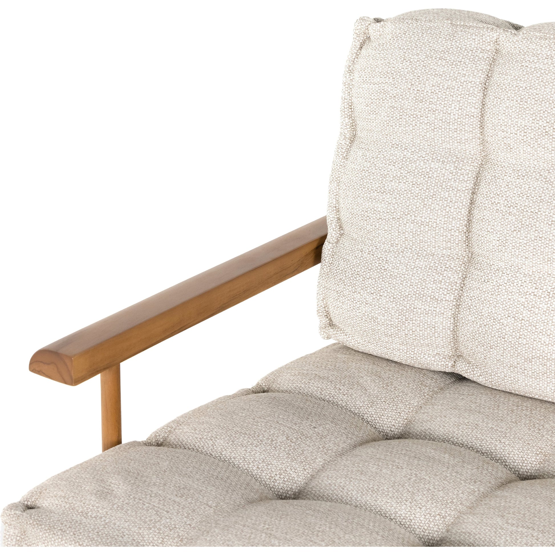 Beck Outdoor Sofa by Four Hands in faye sand and natural teak. Made from 100% olefin, solid fsc®-certified teak, 91% polyurethane foam pad, 9% polyester fiber batting in a modern style.